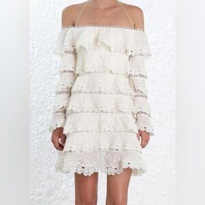 Zimmermann Painted Heart Love Mini Cream Lace Ruffled Off-Shoulder Dress